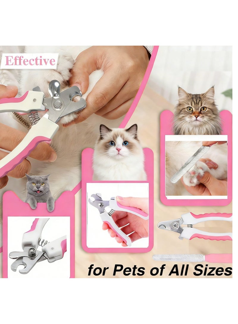 طقم فرش عناية للقطط والكلاب ٧ قطع، فرشاة تنظيف ذاتي، قلامة أظافر حيوانات ومبرد، مشط براغيث، فرشاة استحمام بالشامبو، فرشاة أسنان للأصابع (وردي) - Image 3